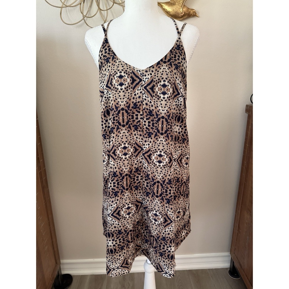 ASTR Leopard Print Shift Dress Tan Black Strappy Open Back Lined Medium